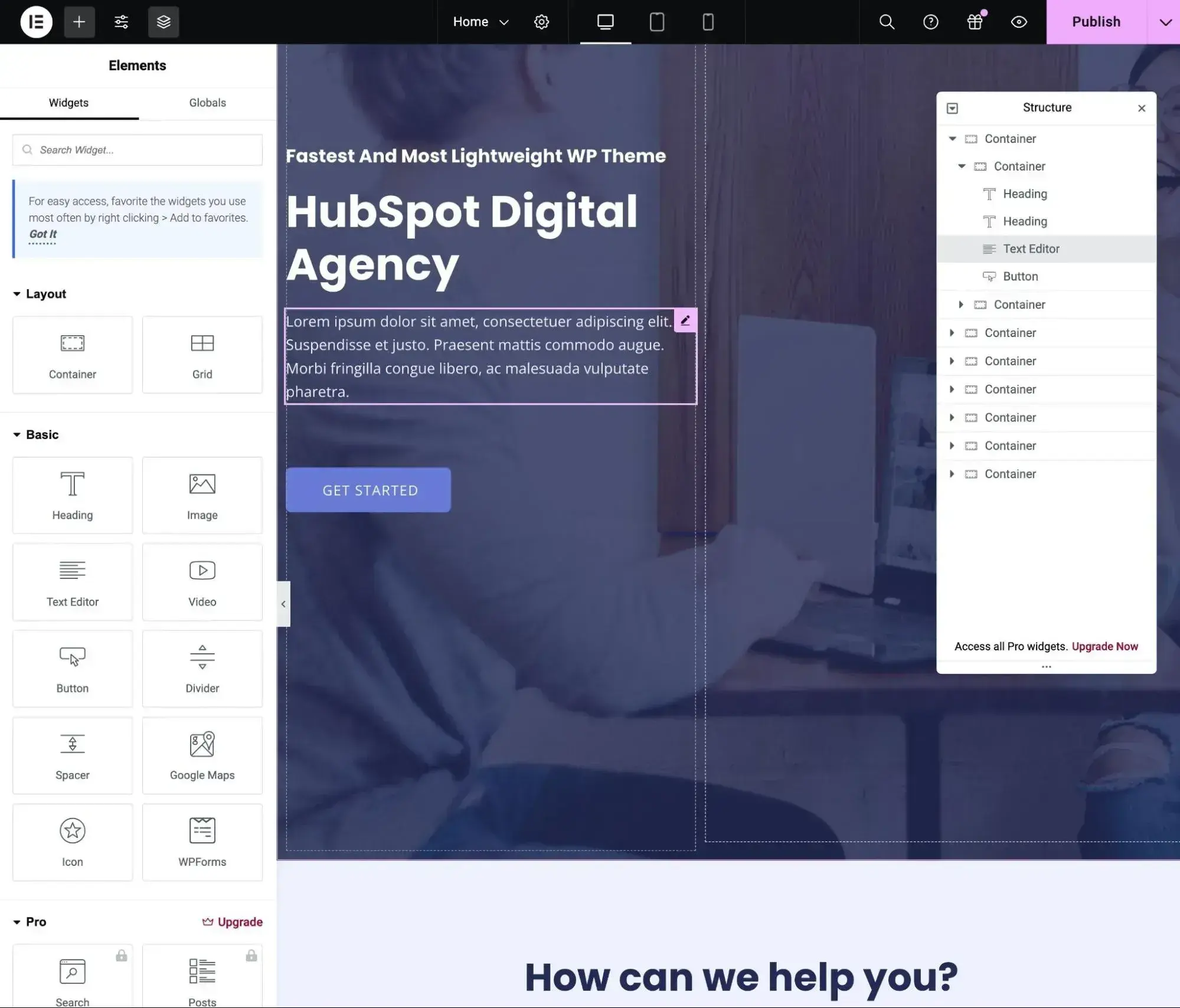 the elementor page builder interface