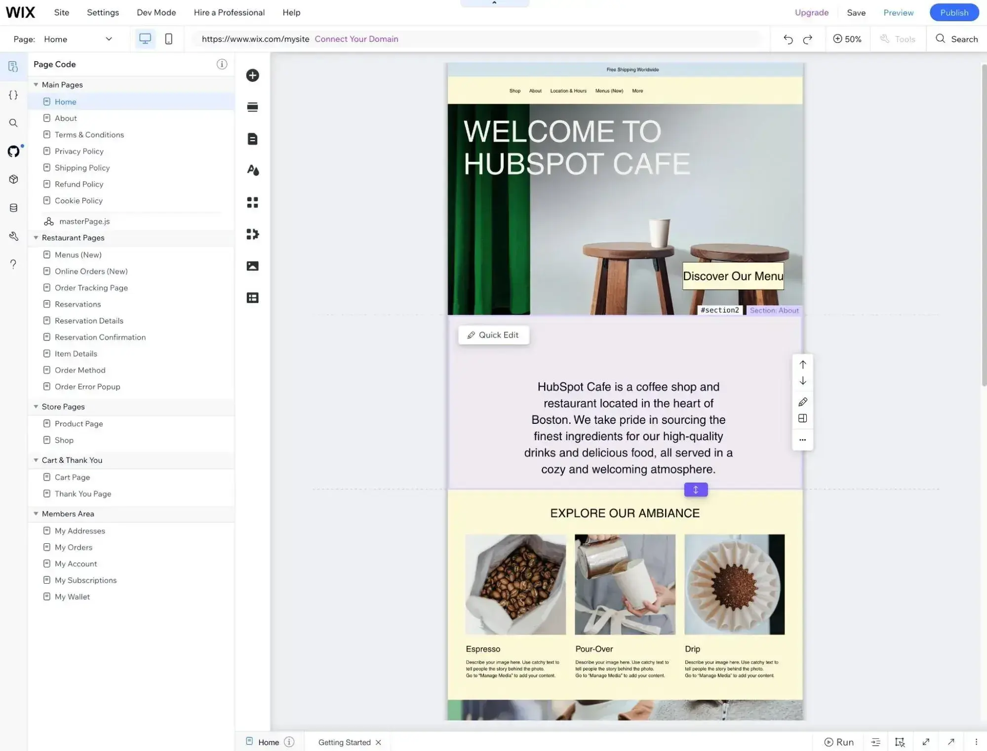 wix's drag-and-drop page builder interface