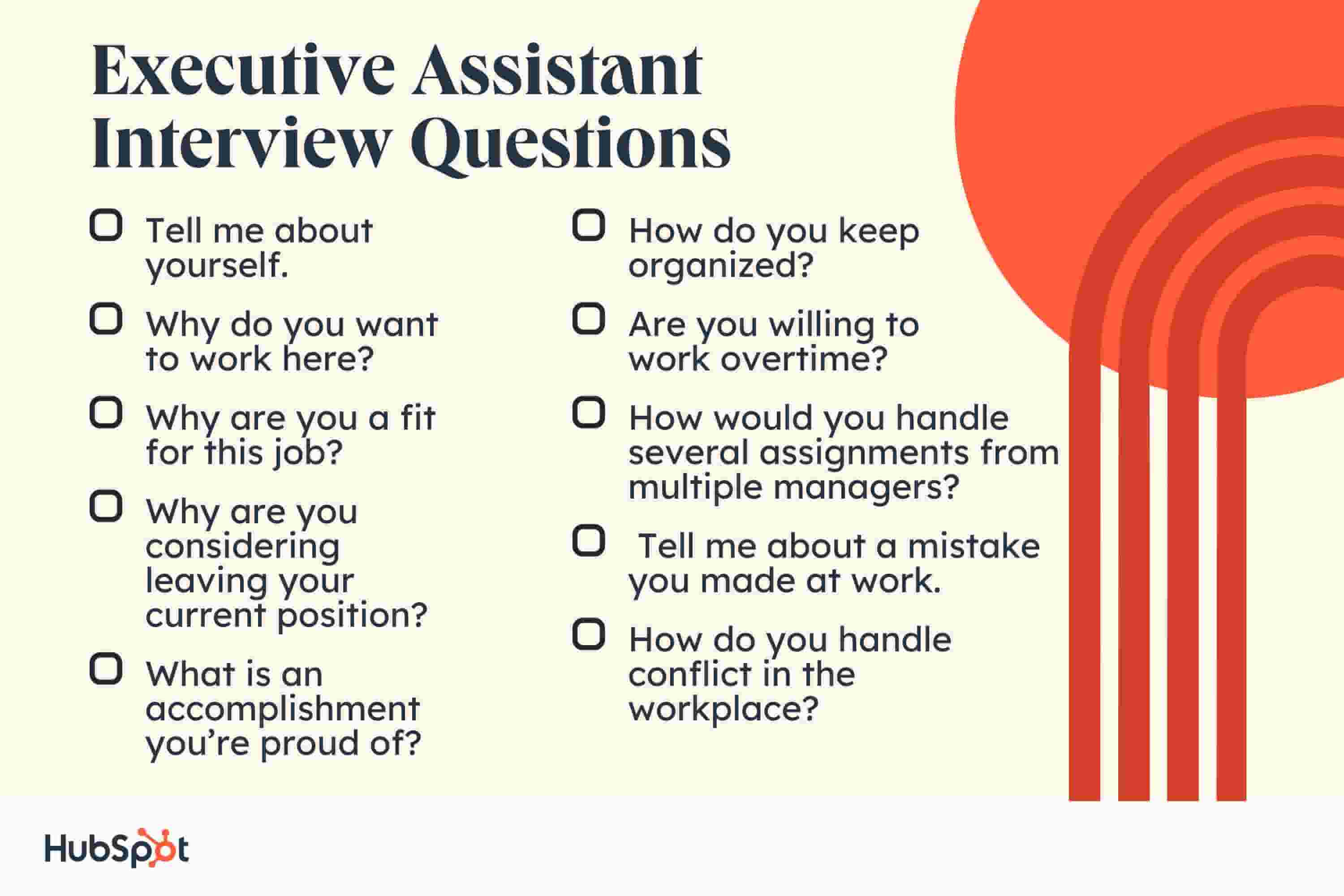 Executive Assistant Interview Questions. Tell me about yourself. Why do you want to work here? Why are you a fit for this job? Why are you considering leaving your current position? What is an accomplishment youre proud of? How do you keep organized? Are you willing to work overtime? How would you handle several assignments from multiple managers? Tell me about a mistake you made at work. How do you handle conflict in the workplace?