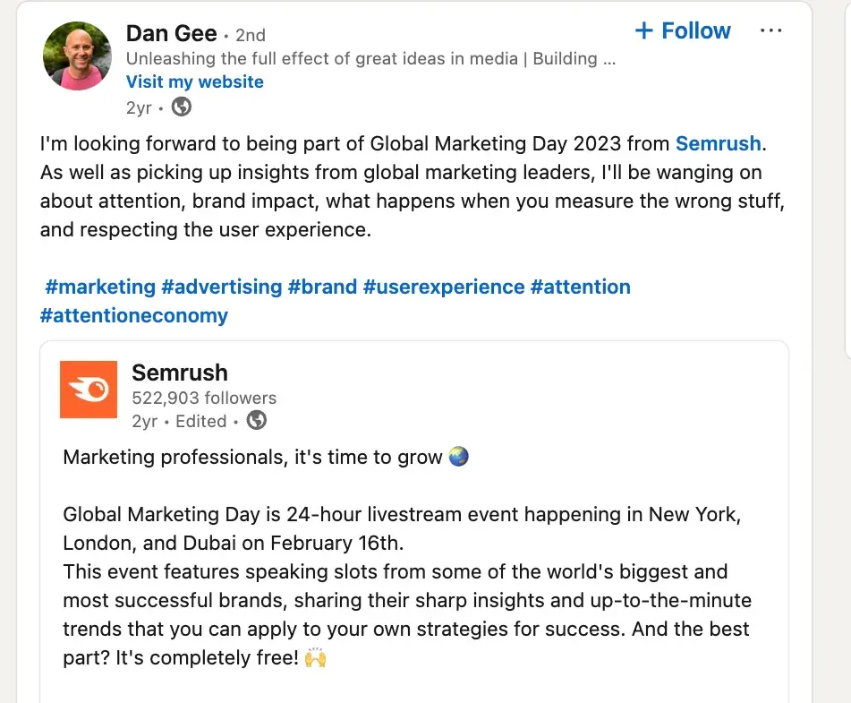 dan gee reposts about semrushs global marketing day