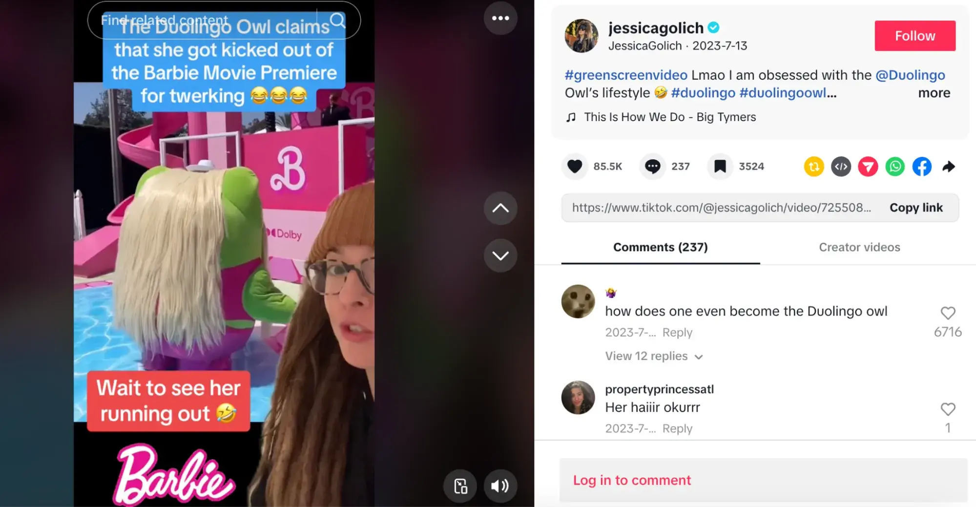 influencer jessica golich creating stitch with duolingo on barbie movie premiere  earned media value example
