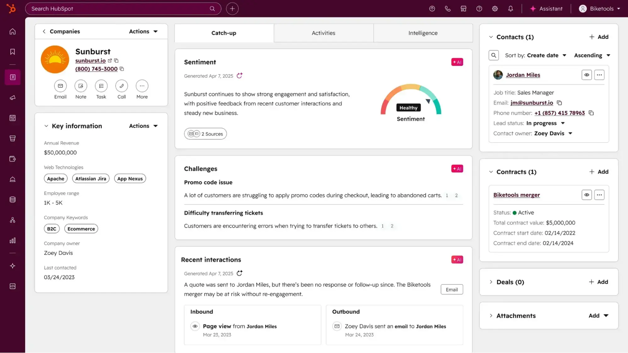 hubspot smart crm contact record showing ecommerce customer activity and support context