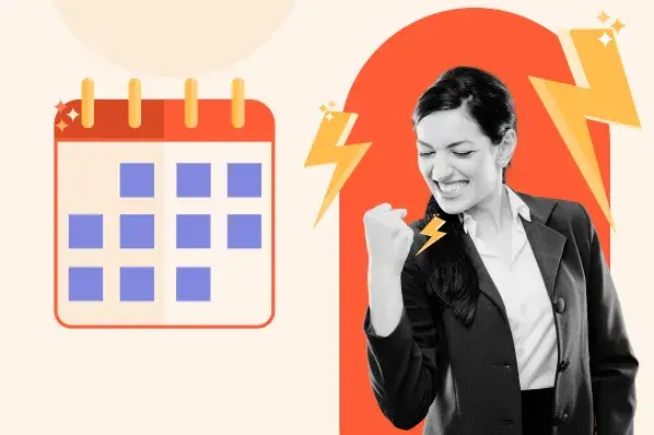 Woman fist pumps next to an illustration of a calendar