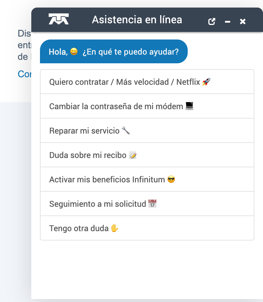 Ejemplo de chatbot de servicio al cliente de Telmex