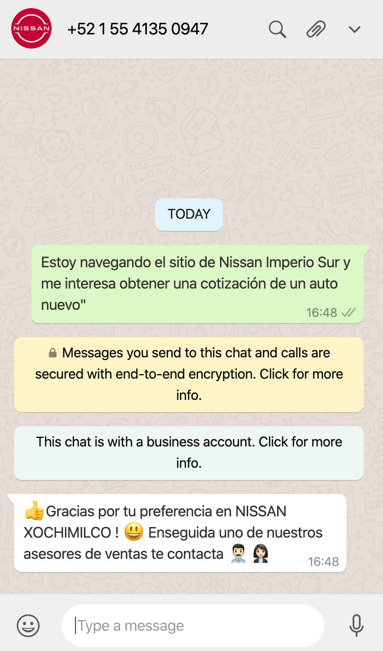 Respuesta rápida de Nissan en WhatsApp