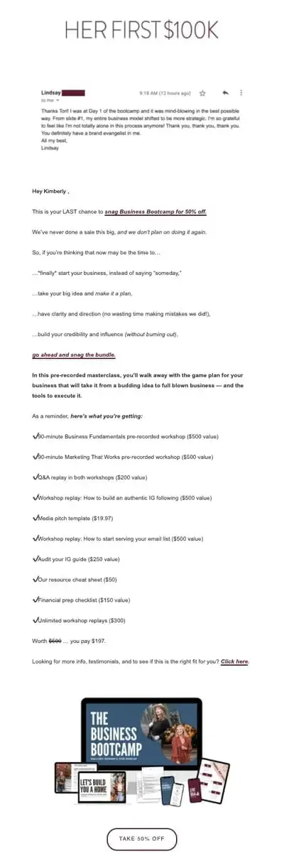 email marketing campaign; Her First $100K