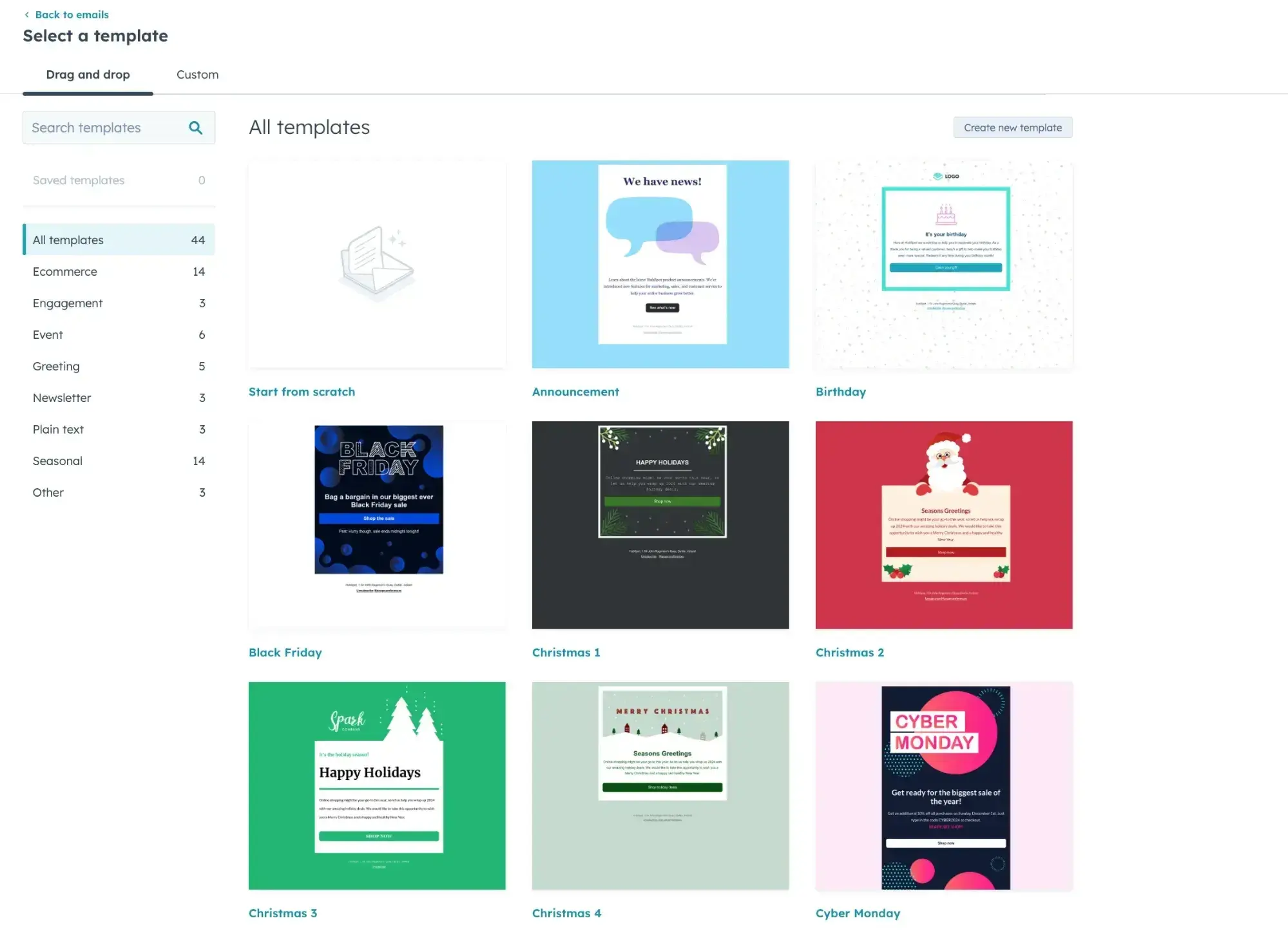 a screenshot of hubspot’s email marketing software and templates available