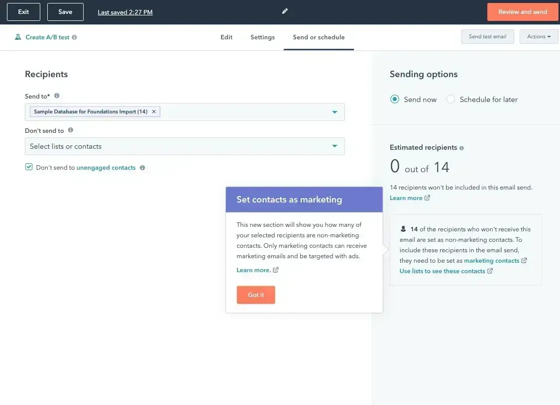 a screenshot of a hubspot email marketing software
