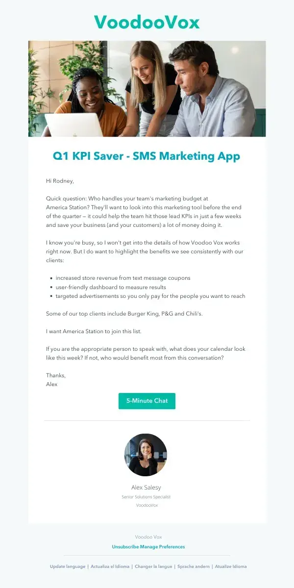 how to write a prospecting email, example from VoodooVox
