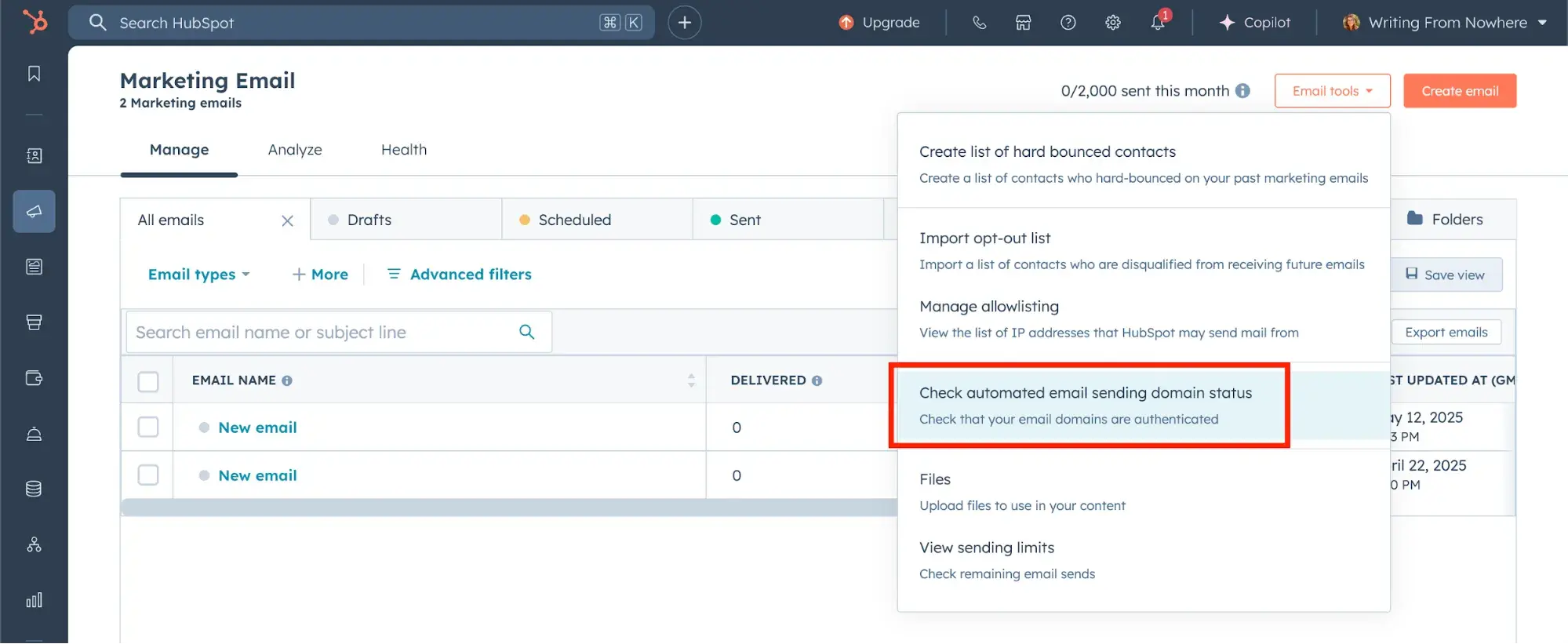 email sender reputation: hubspot email authentication in marketing email dashboard