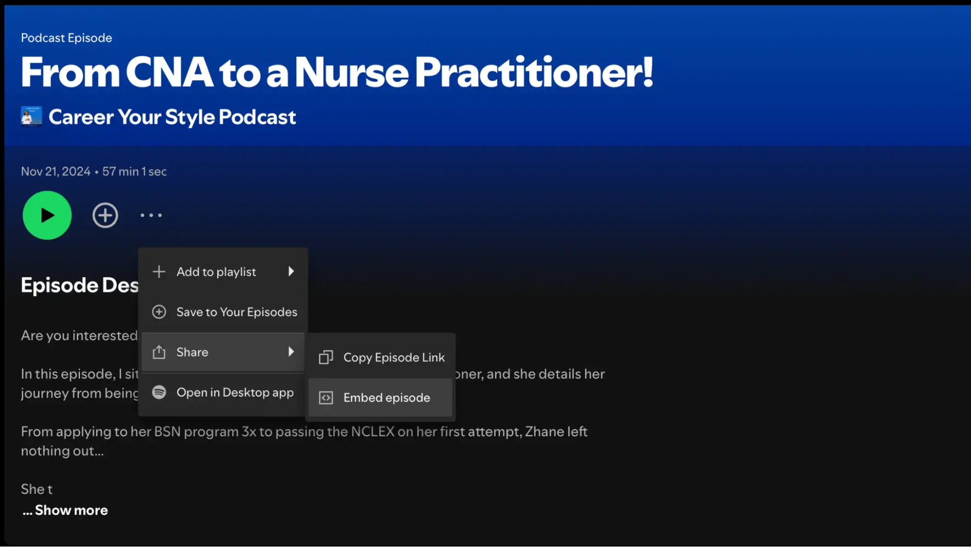 embed podcast on website, individual podcast episode page on spotify