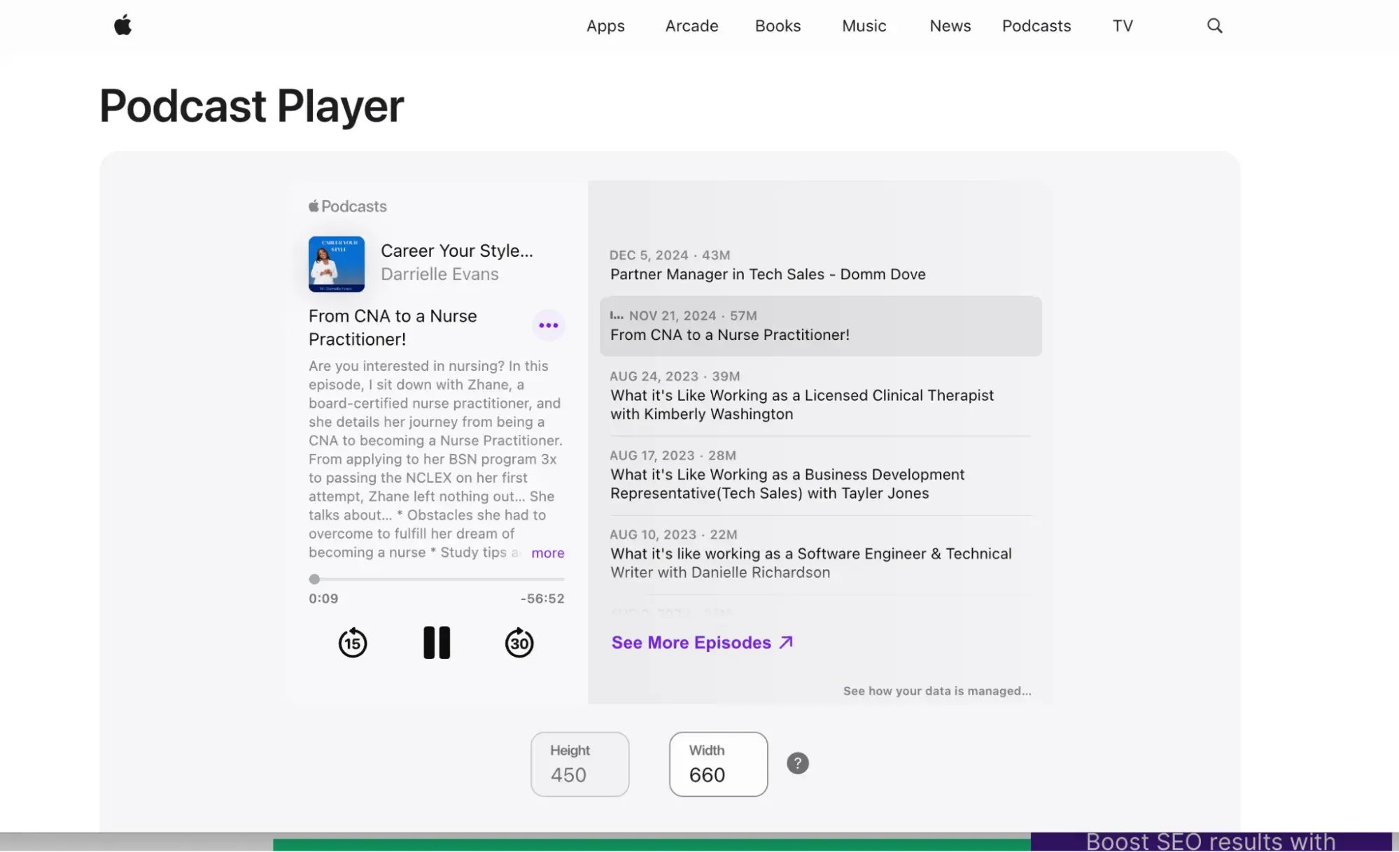 embed podcast on website, apple podcast player