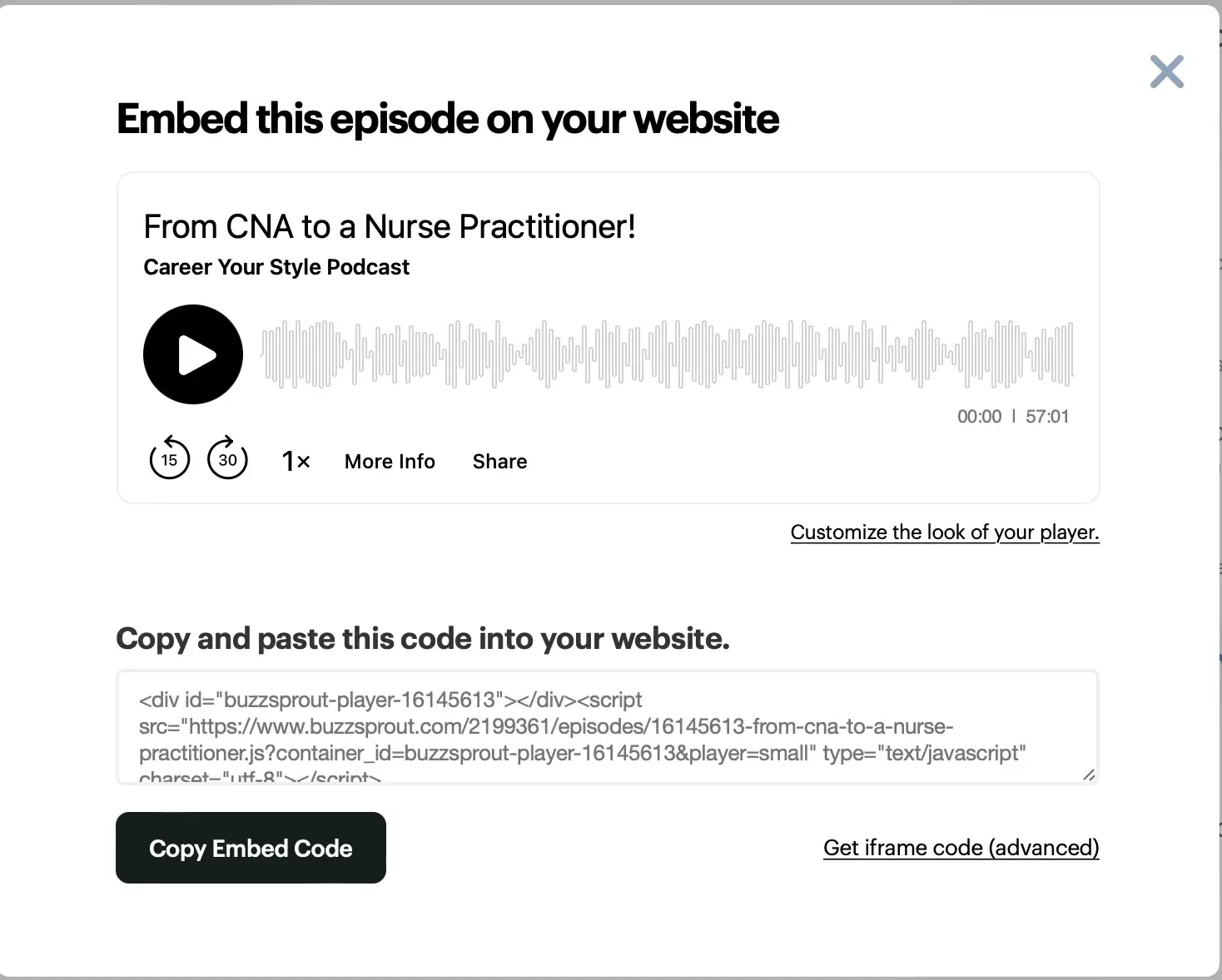 embed podcast on website, embed code for my podcast episode