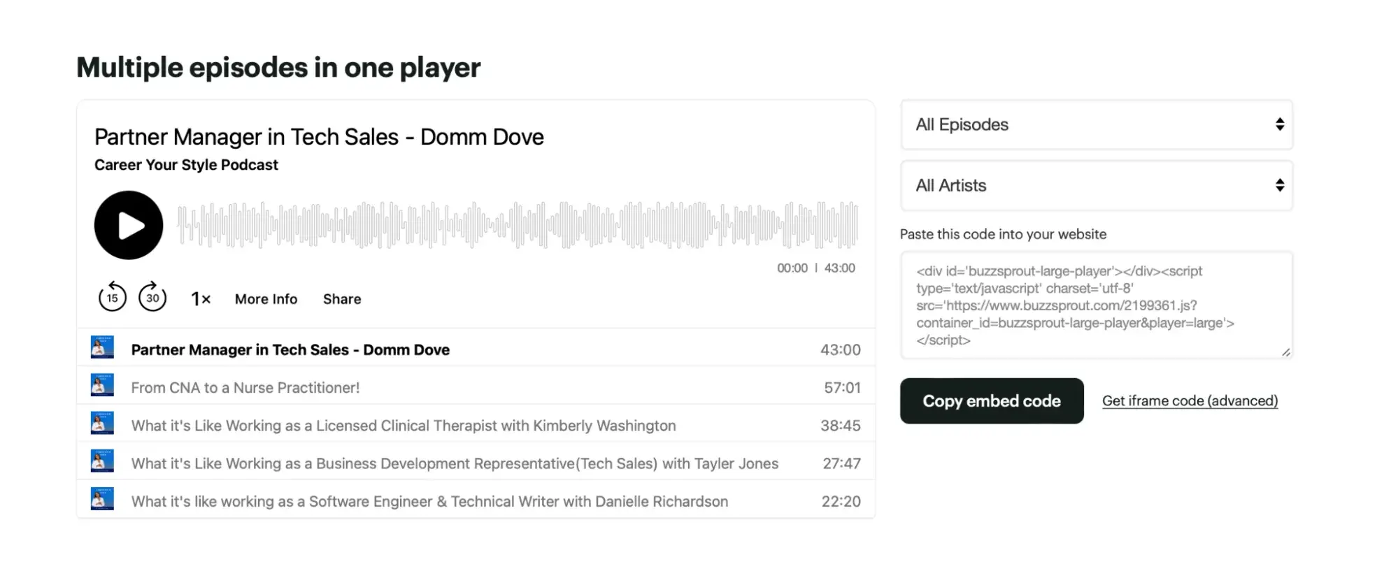 embed podcast on website, multiple episodes in one player option