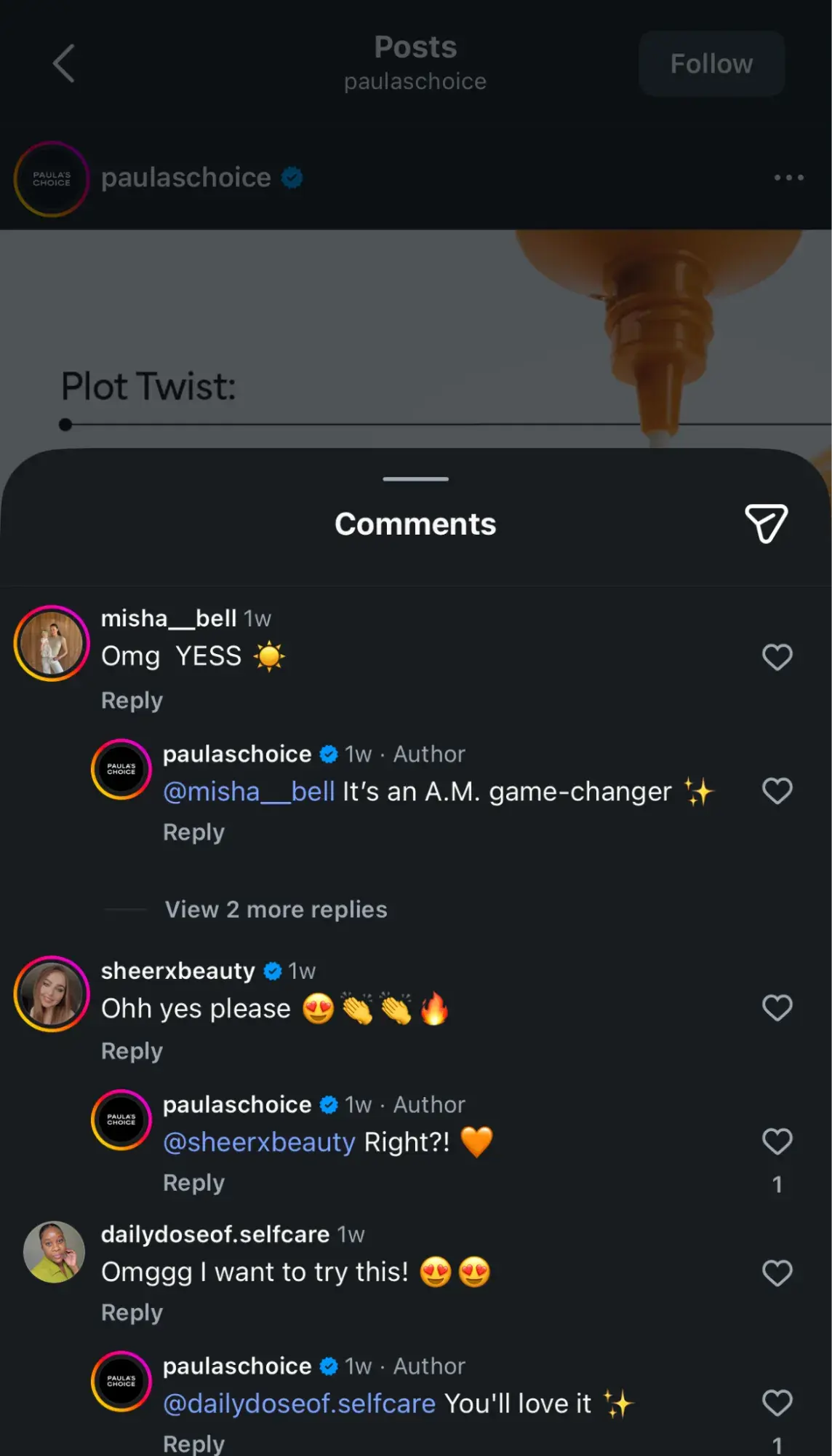 a screenshot of paula's choice instagram engagement