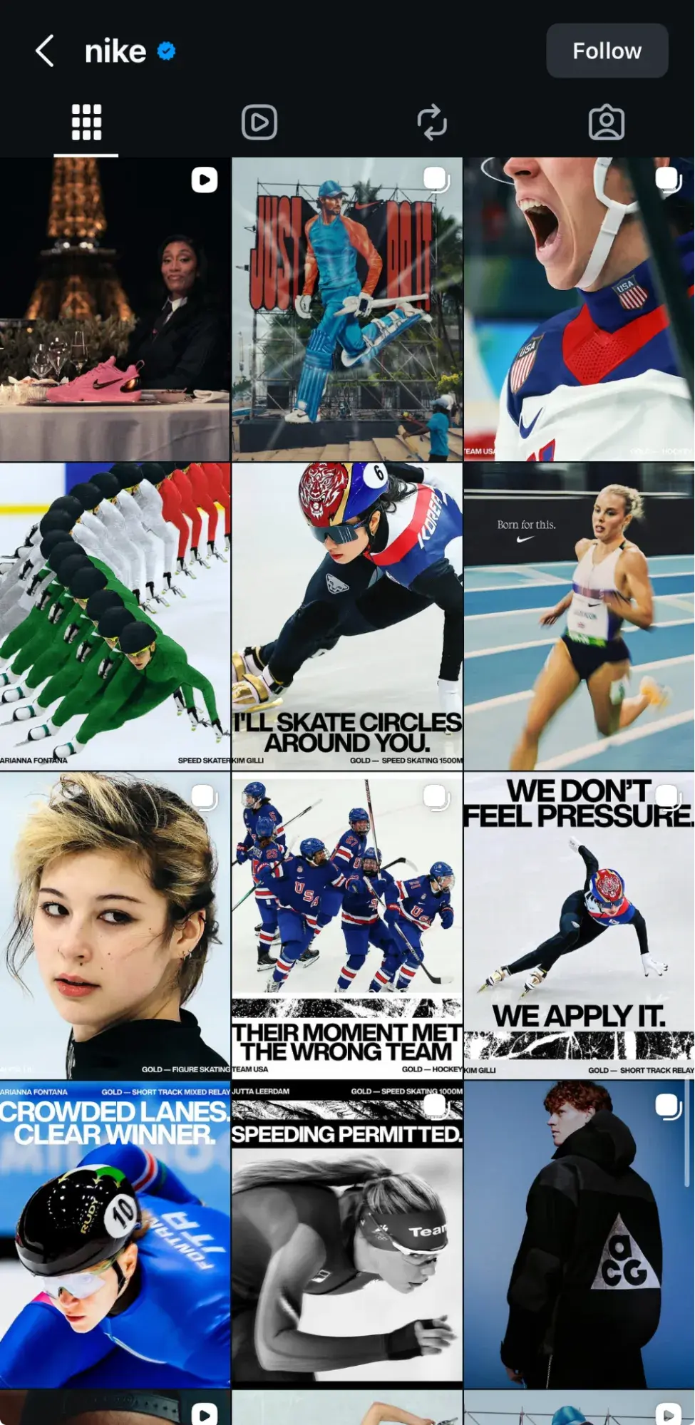 a screenshot of Nike's instagram feed