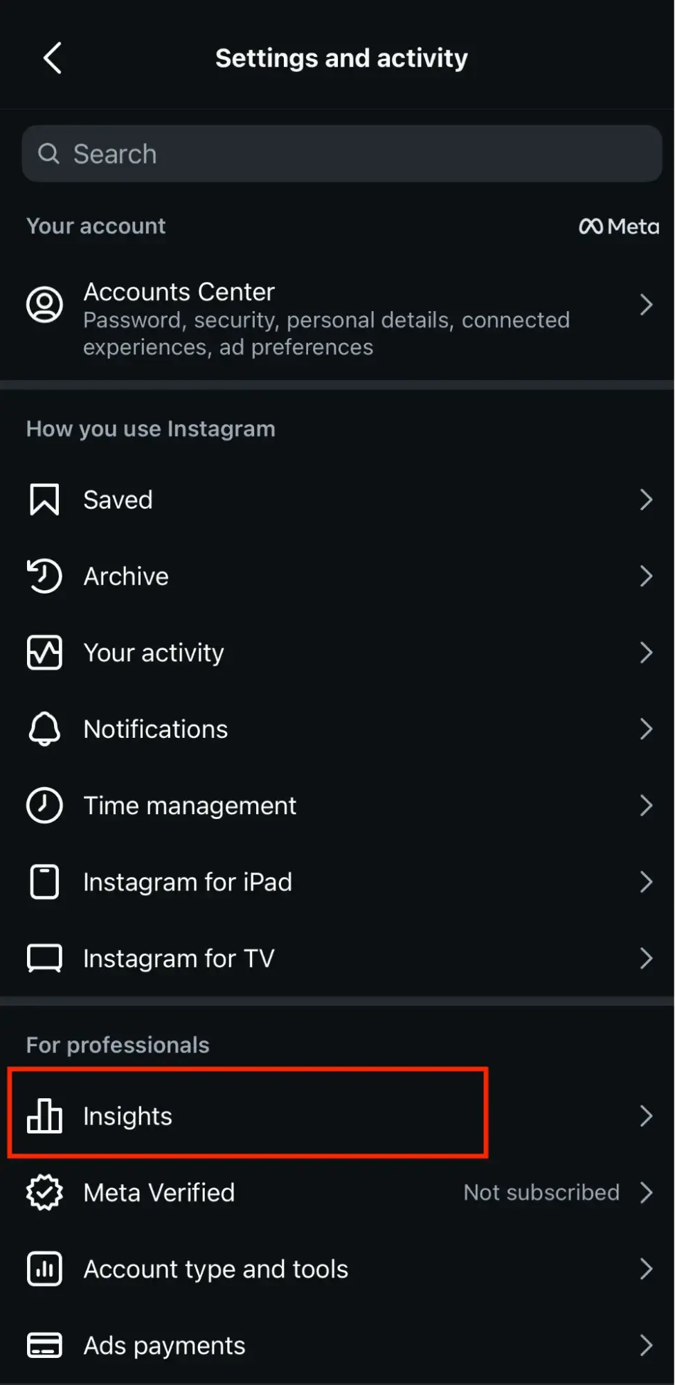 a screenshot of how to navigate to Instagram Insights