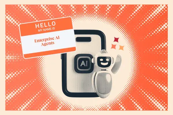 a hubspot-branded featured image with an ai agent at the center, next to a nametag that says hello my name is enterprise ai agents