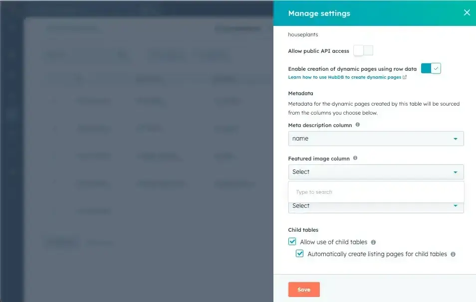 hubspot hubdb manage settings panel with metadata configuration and dynamic page creation options for enterprise content management