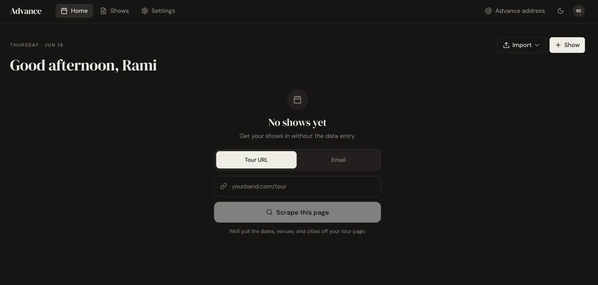 Advance tour management app interface