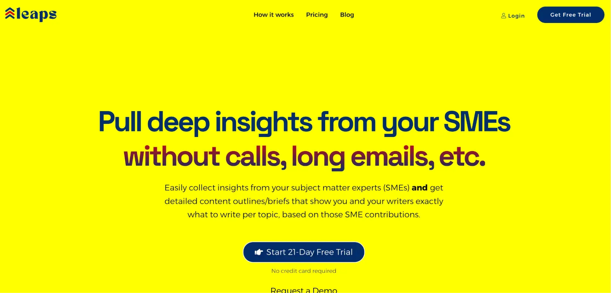 Screenshot of the Leaps website homepage with a bright yellow background. The header reads Pull deep insights from your SMEs without calls, long emails, etc. The page offers a free trial to collect insights from subject matter experts.