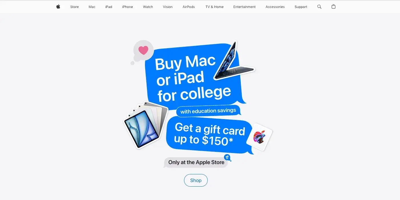 what's an entrepreneur, example of innovative entrepreneur. Apple website homepage, featuring a promotion for college students. The main text reads Buy Mac or iPad for college with additional text mentioning education savings and a gift card offer up to $150.