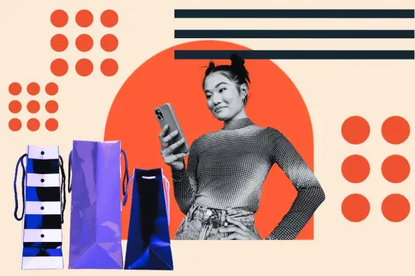 example of a consumer scrolling on phone with shopping bags