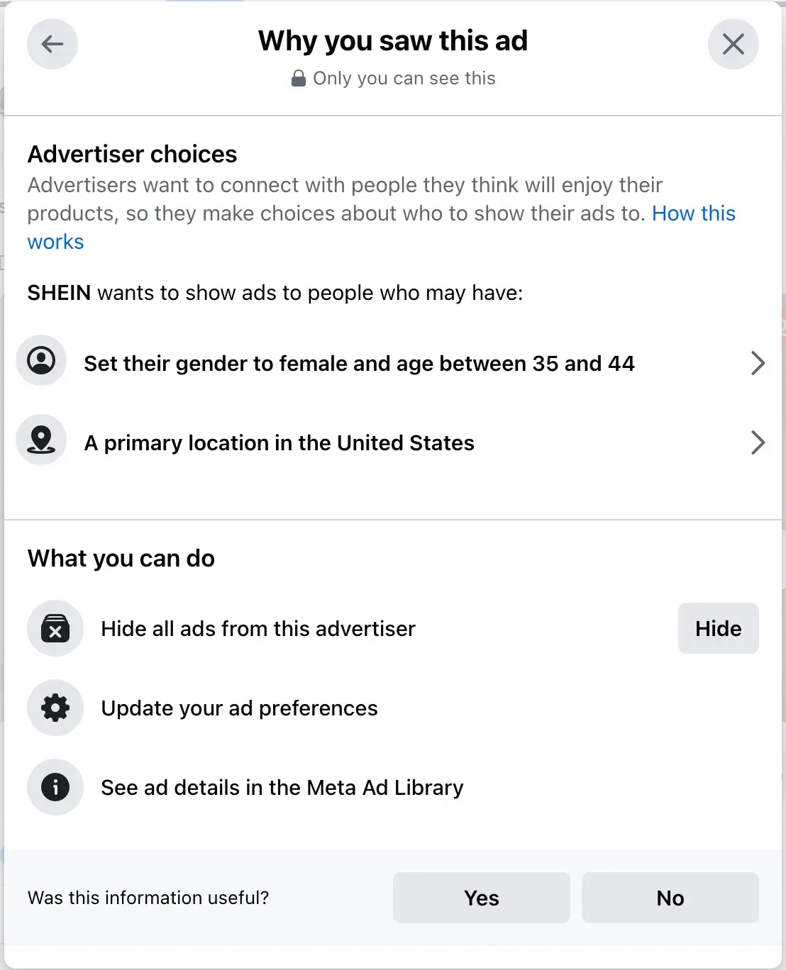 Example of the why Im seeing this ad pop up on Facebook, explaining how Shein targeted a Facebook Ad