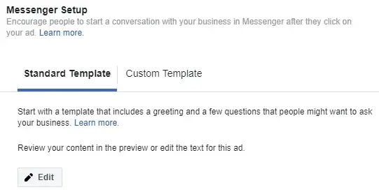 facebook messenger ads, standard template