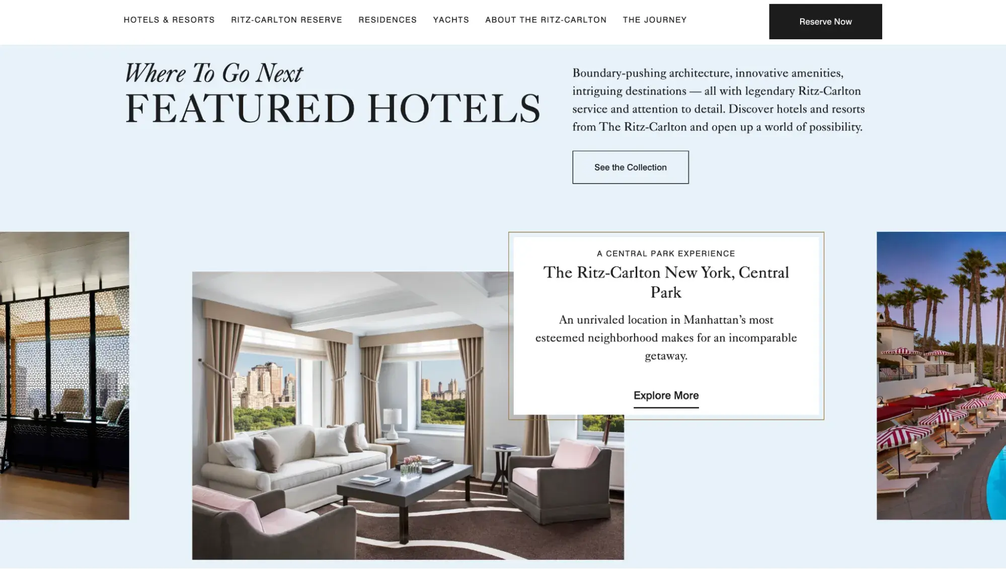 fancy website: the ritz-carlton “where to go next” section features a broken grid layout.