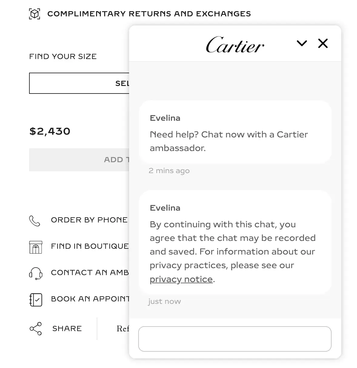 fancy website feature: live chat example on the cartier website