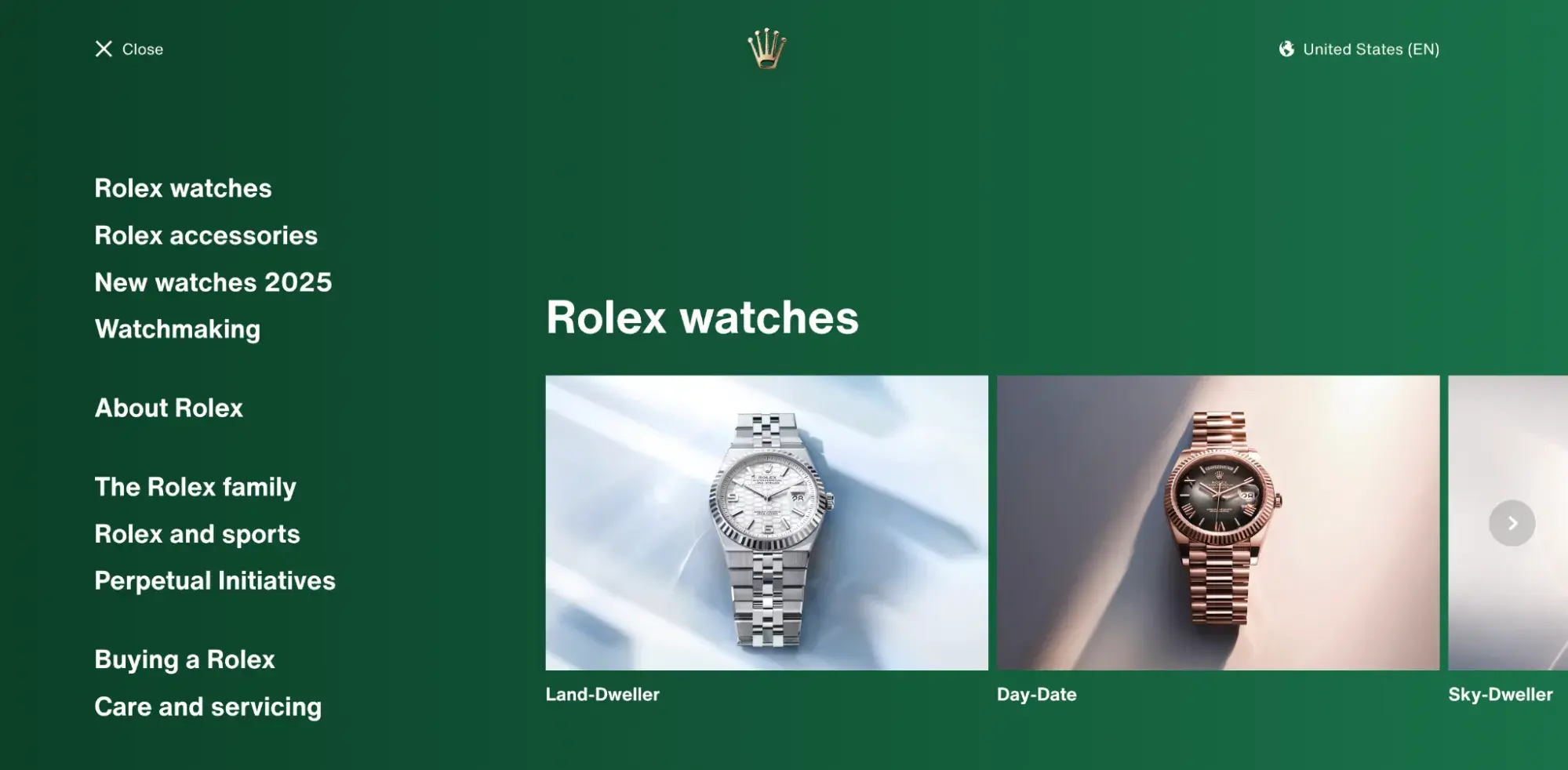 rolex’s website menu showing photos of its watches