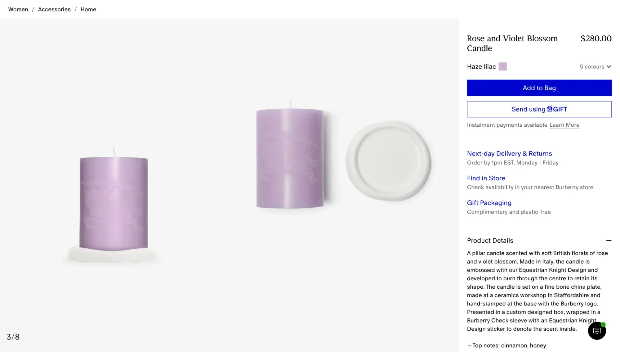 burberry rose and violet blossom candle product page
