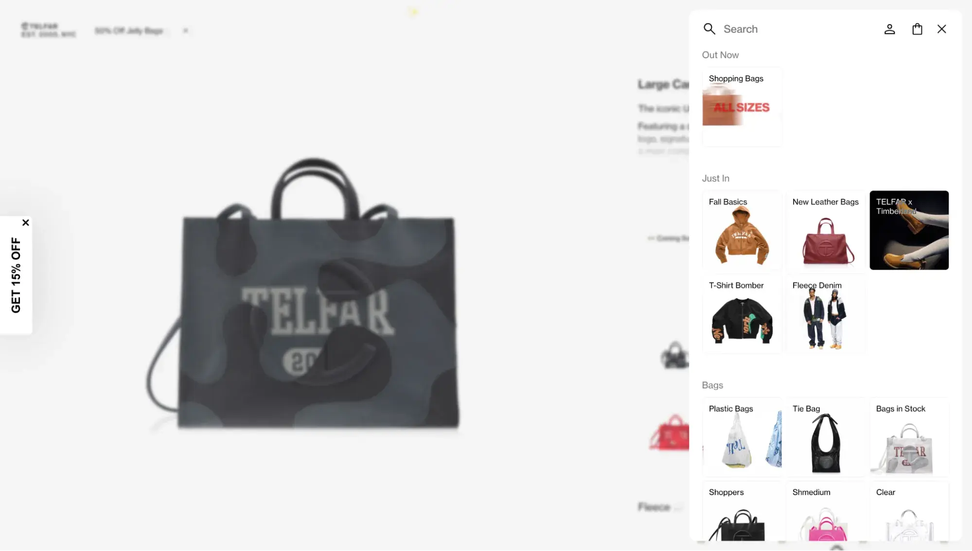 telfar website vertical menu with images