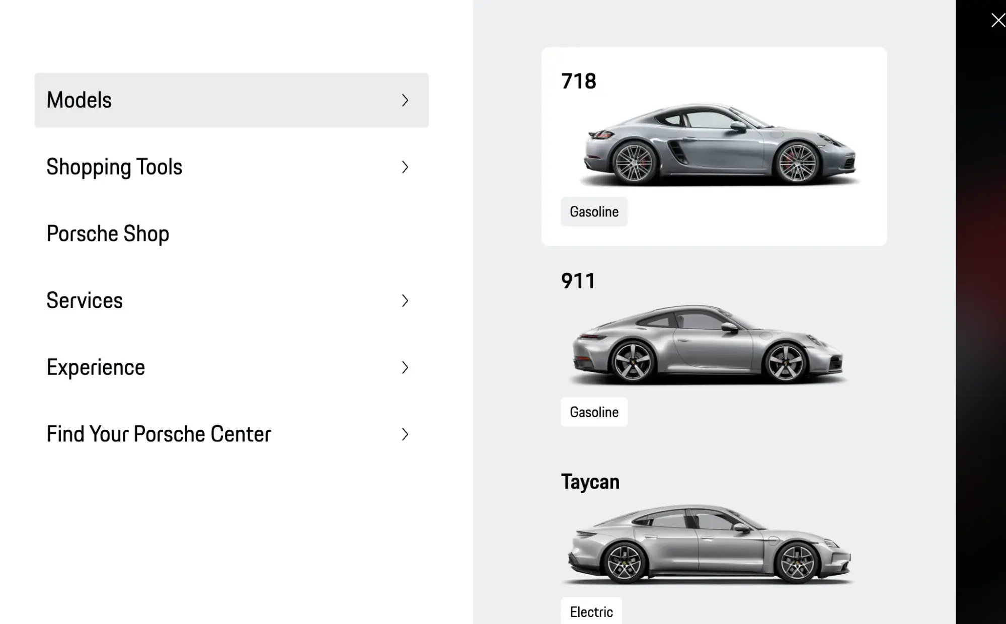 fancy website porsche menu