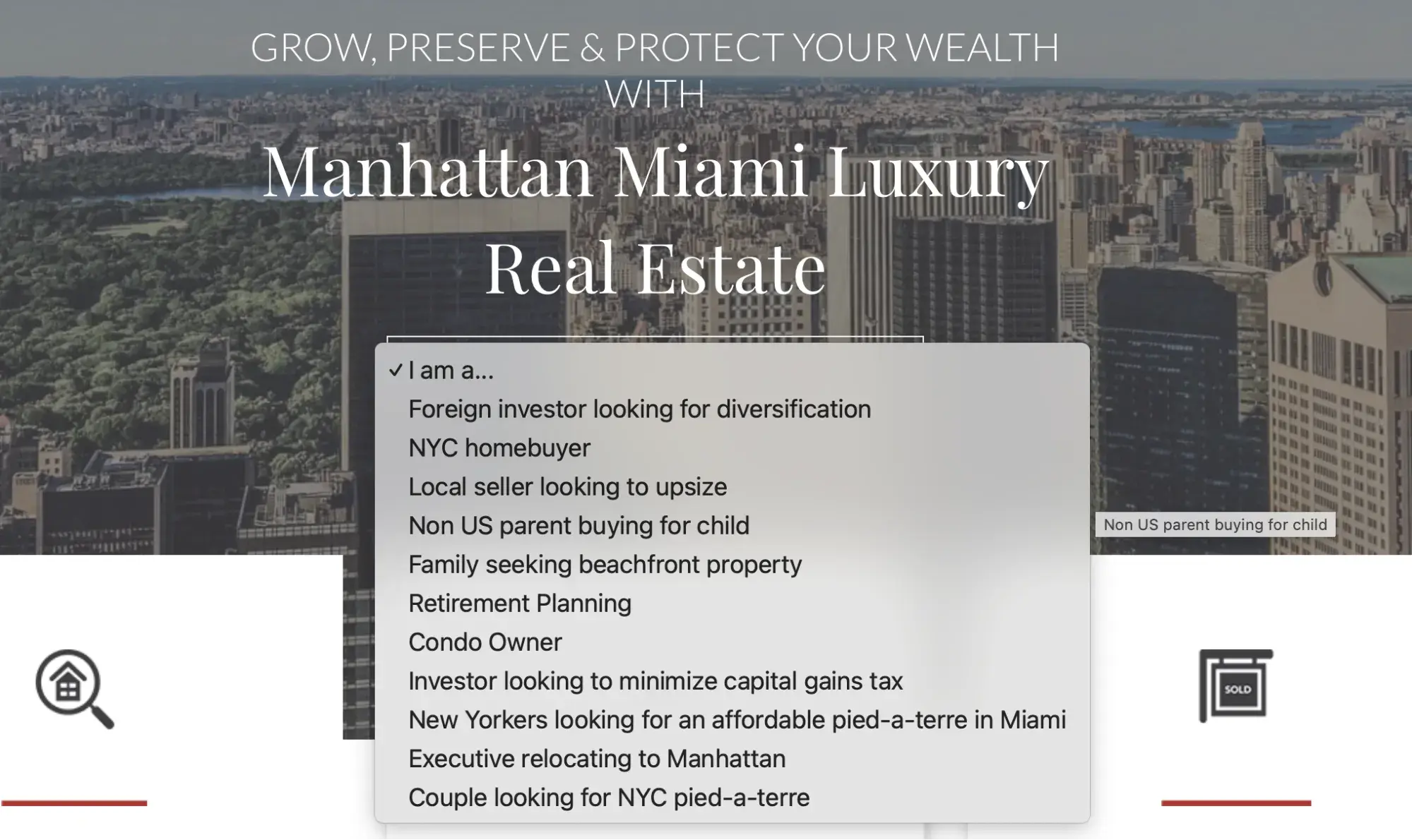 fancy website: manhattan miami real estate dropdown menu