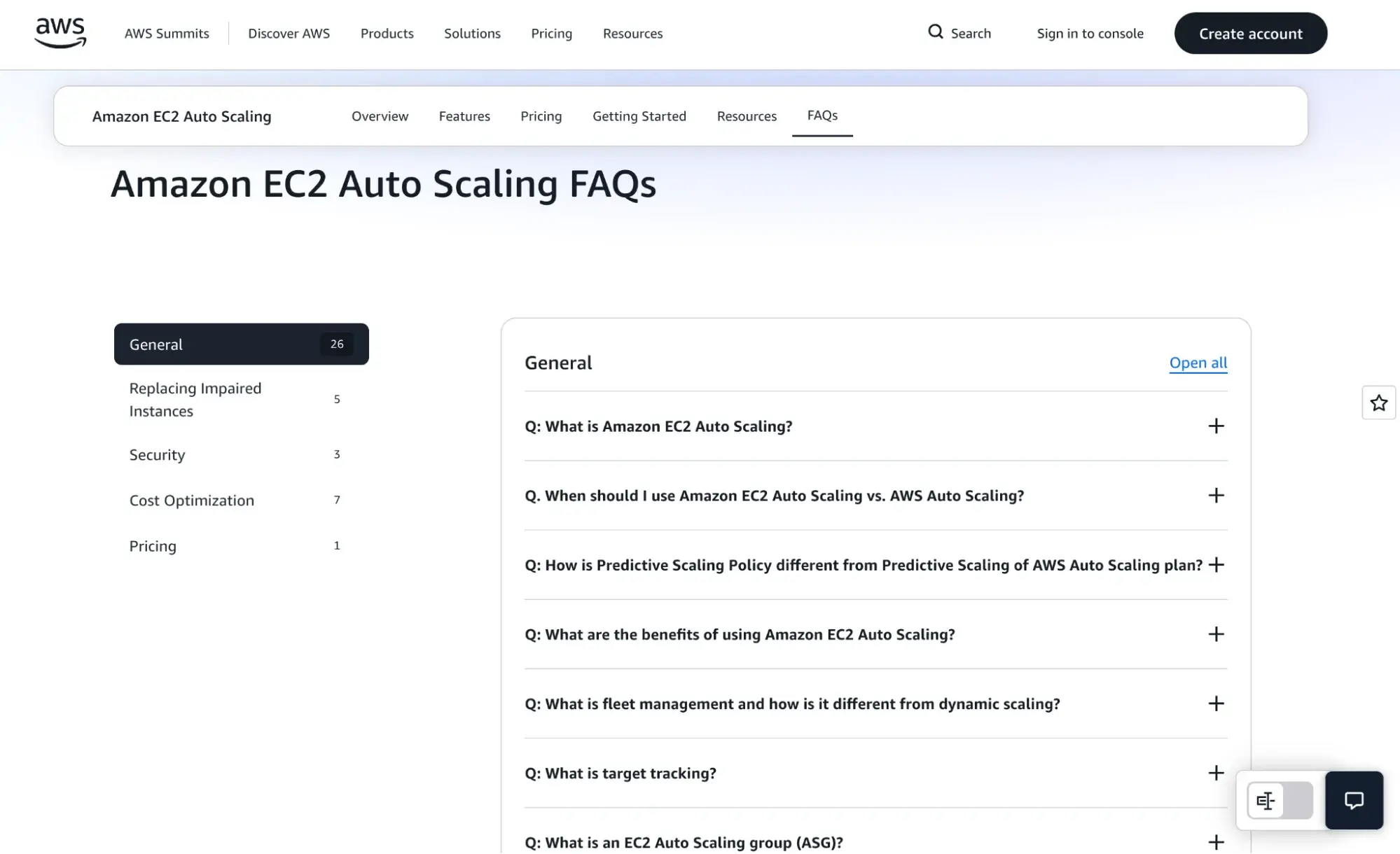 faqs for aeo example from Amazon web services FAQ with specific EC2 auto scaling category and consistent formatting