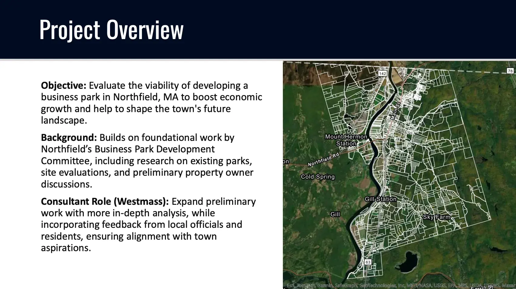 a feasibility study for a business park in northfield, massachusetts https://www.northfieldma.gov/sites/g/files/vyhlif991/f/uploads/northfield_business_park_public_meeting_ppt_5.1.24.pdf