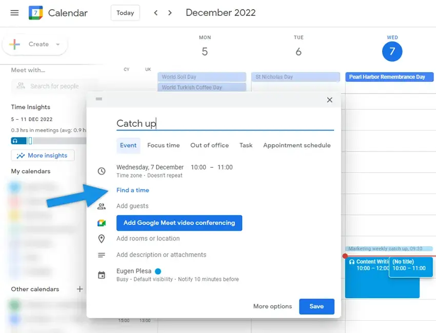 example of google calendar find a time feature