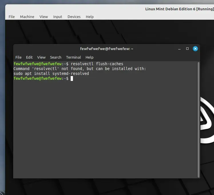 Terminal on Mac showing an error message when attempting to flush DNS. It says, “Command ‘resolvectl’ not found.”