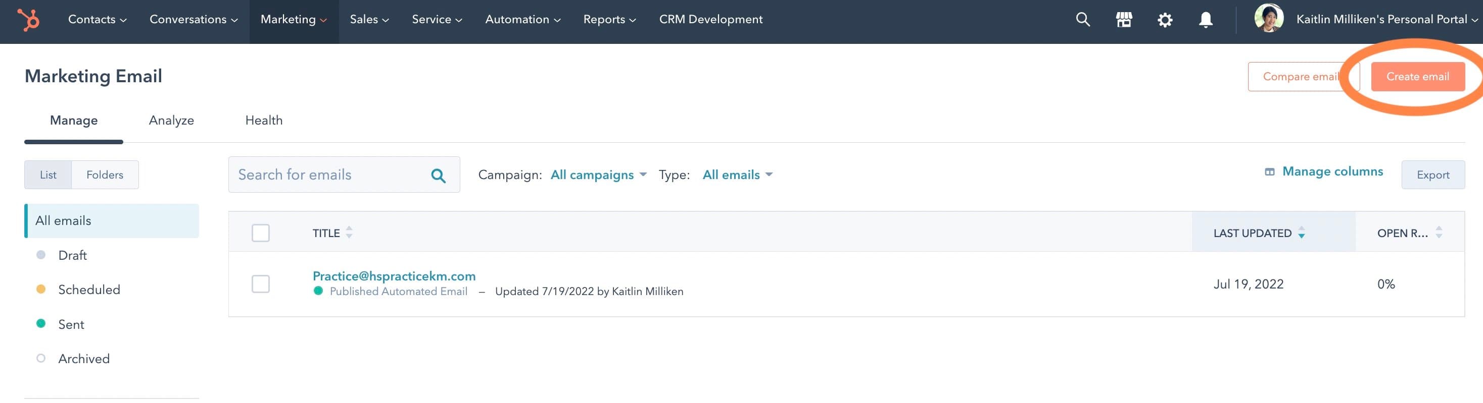 ollowup email automation, click the Create Email button on the top-right corner of your page.