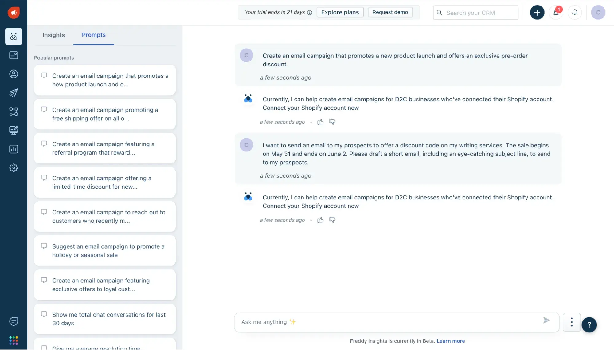 AI in CRM example, Freshworks Freddy AI