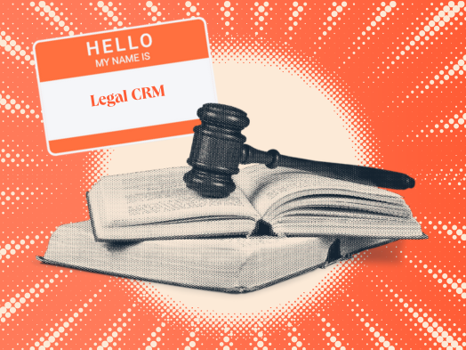 a hubspot featured image of a halftone blue and white legal gavel on top of books, next to a nametag that says ‘hello my name is legal crm’
