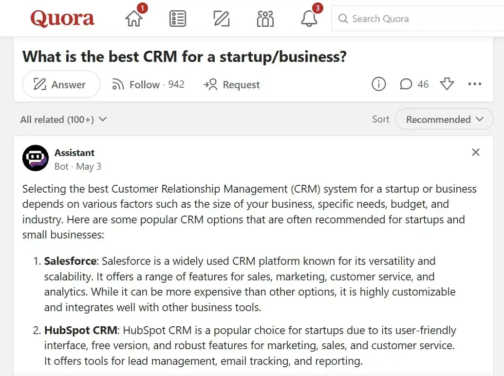 screenshot of a quora question: what is the best crm for a startup/business?