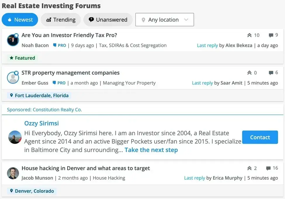screenshot from big pockets real estate investing forums.