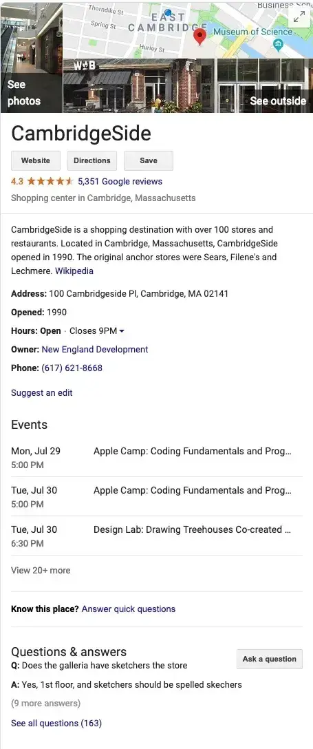 screenshot of cambridgesides google business profile.