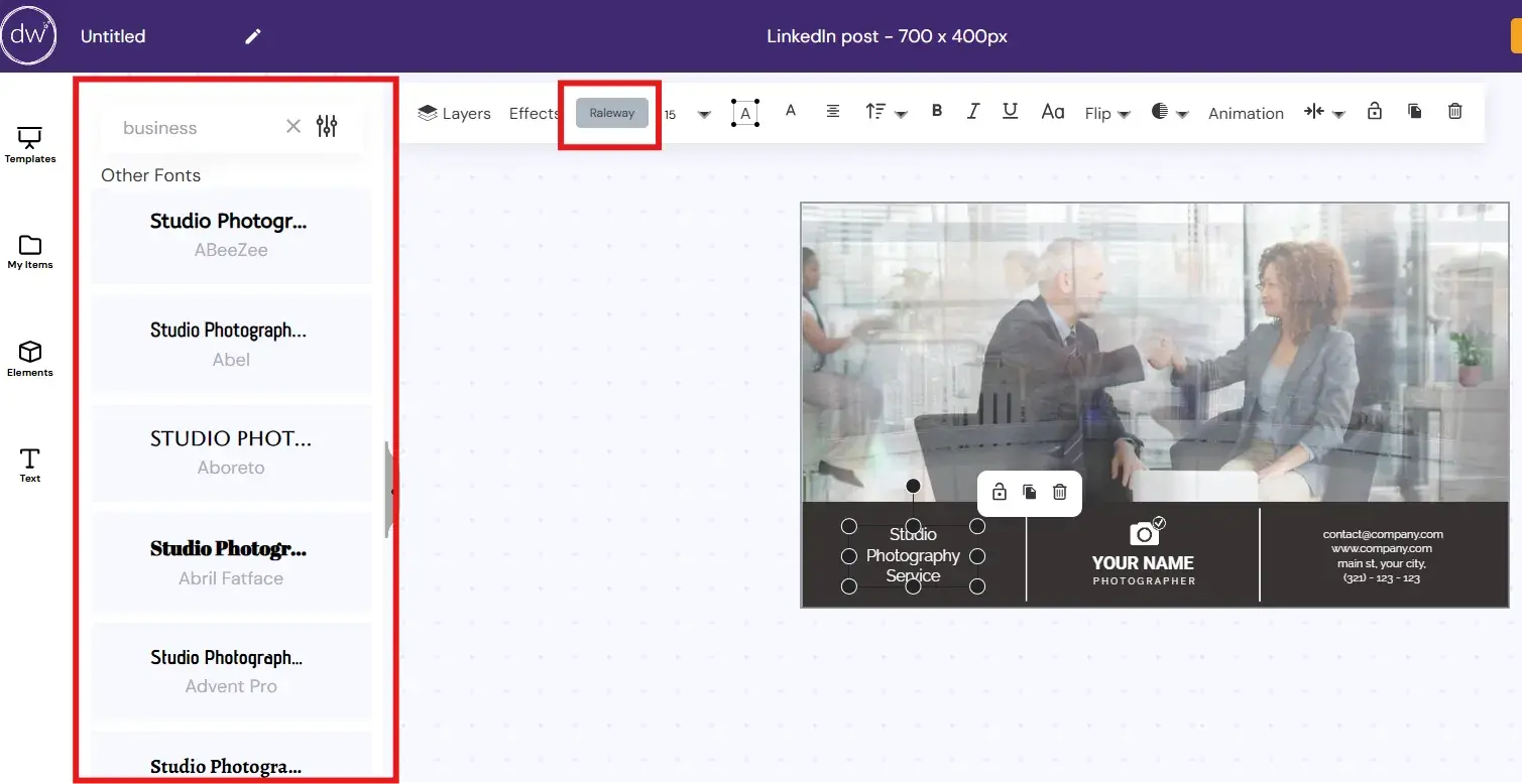 previewing font choices to customize designwizard linkedin post template