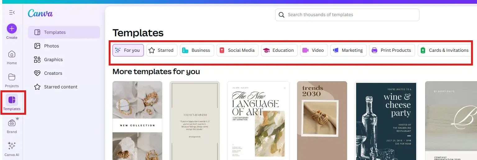 exploring template categories in canva