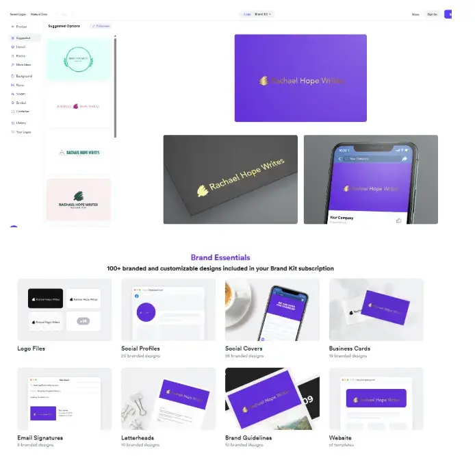 brand essentials previews on looka’s design dashboard