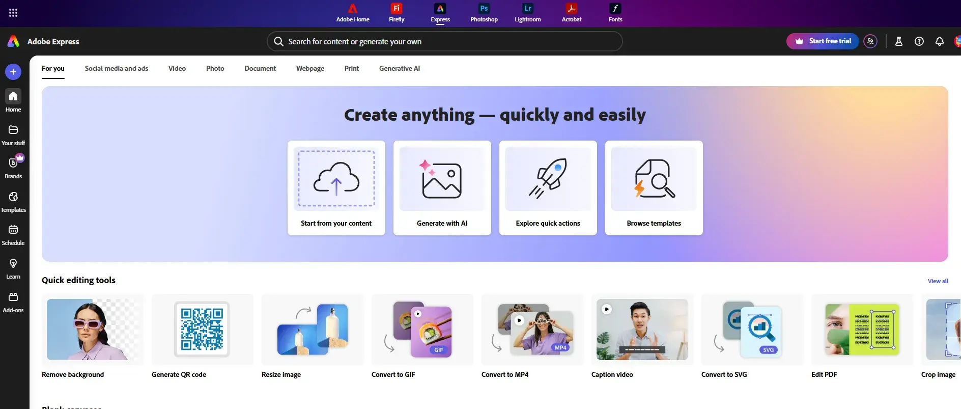 adobe express design platform homescreen